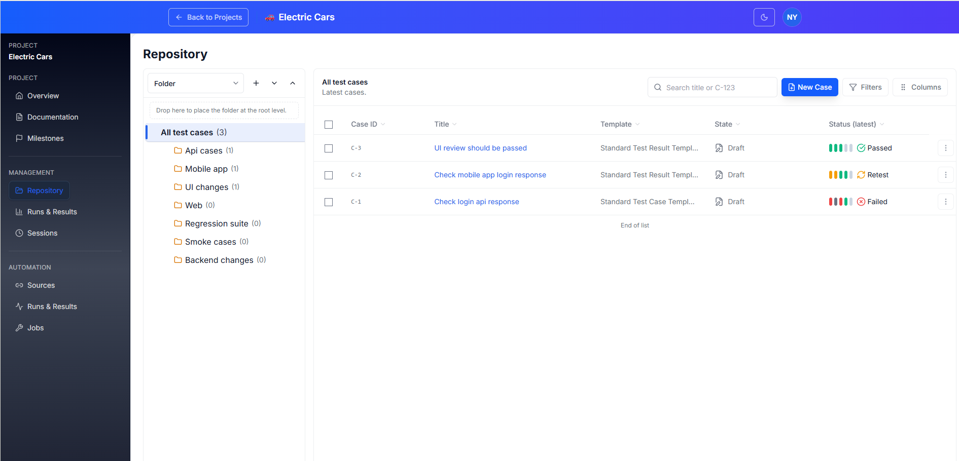TestOrchestrator repository page showing folder navigation, test case list, filters, and latest status