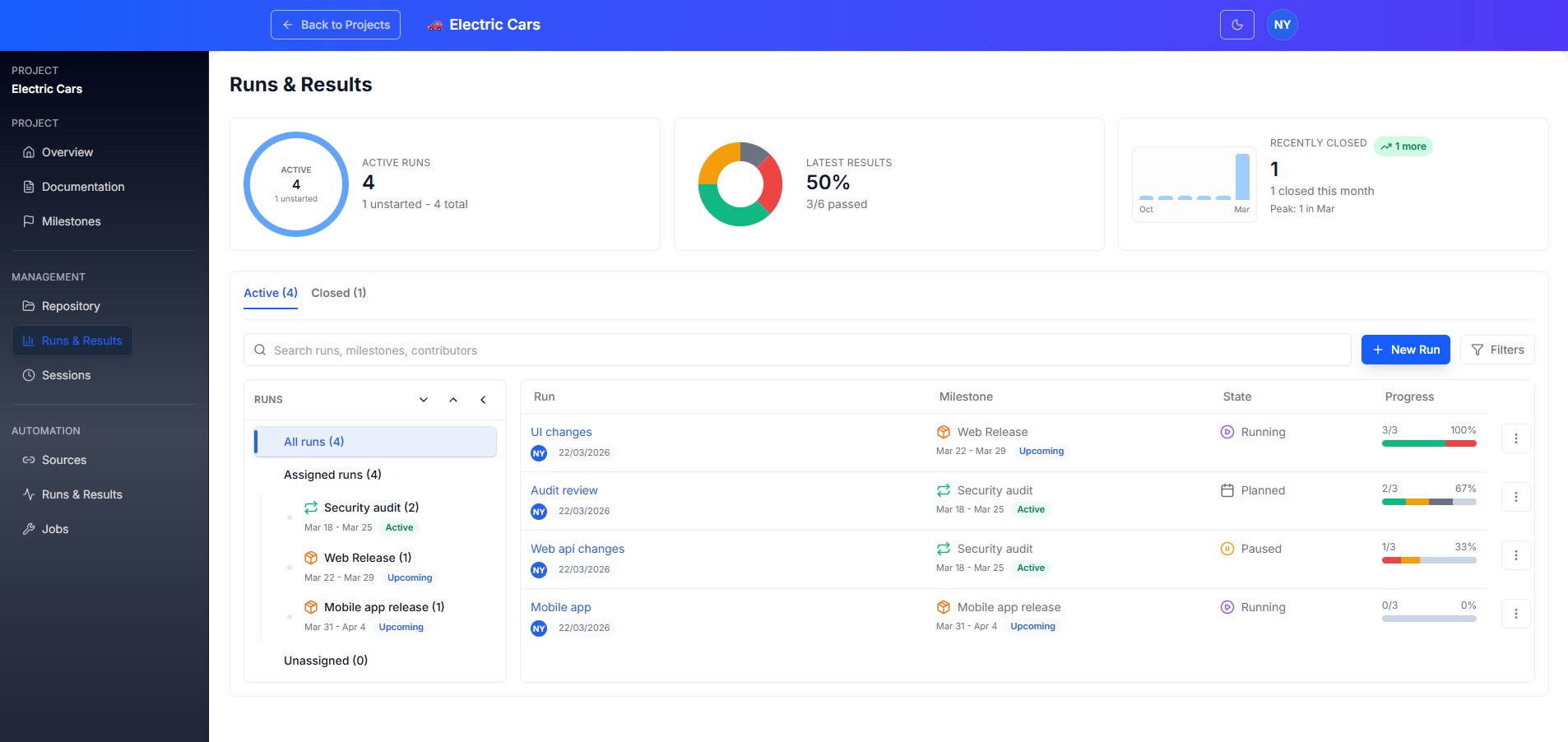 TestOrchestrator runs and results page showing active runs, result summary, and execution progress
